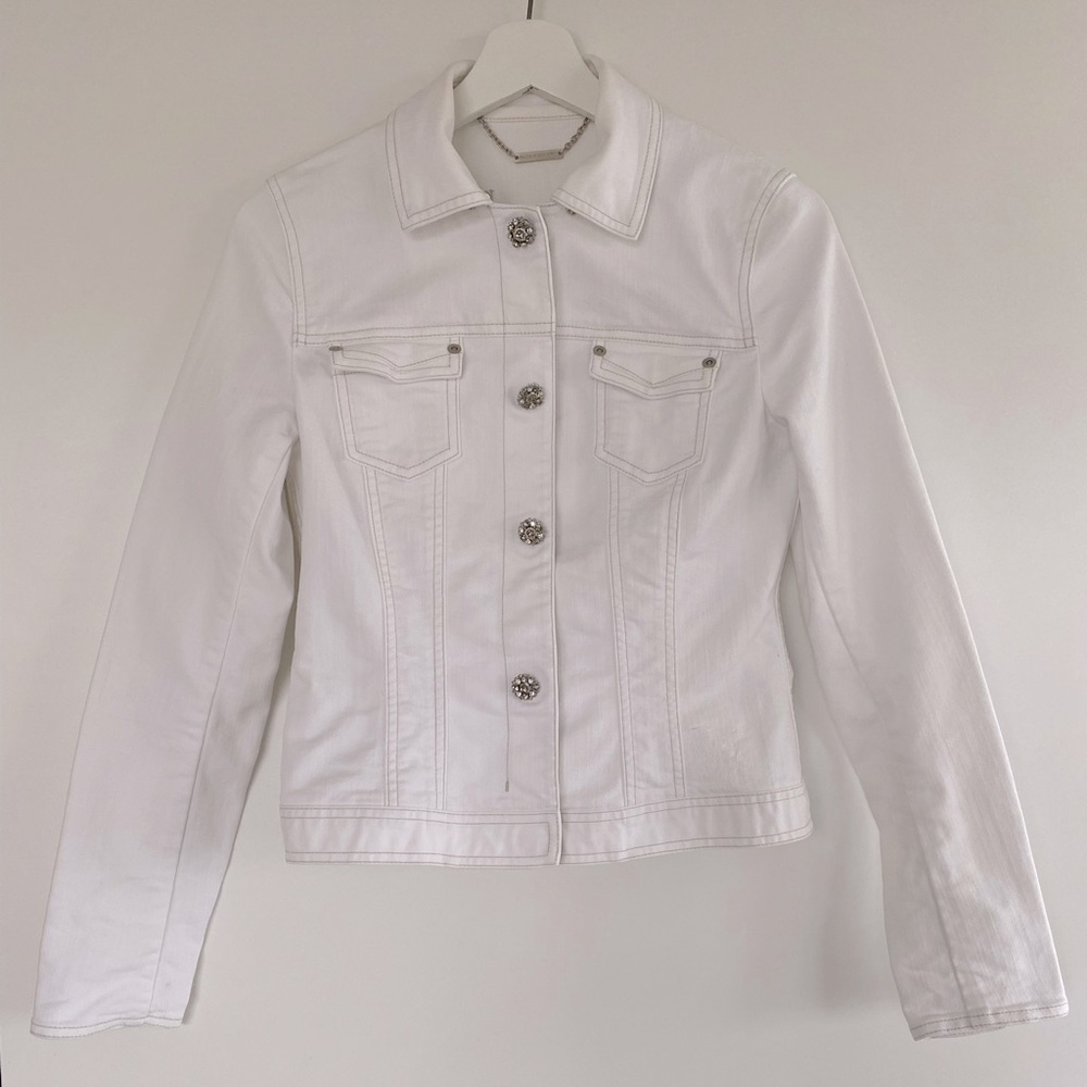 Elie Tahari Denim White vintage Jacket with rhinestone buttons, size XS